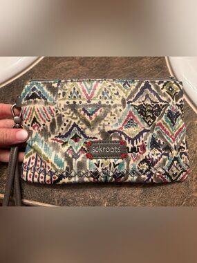 Sakroots Neutral Multi-Pattern Canvas Wristlet with Teal and Pink Accents